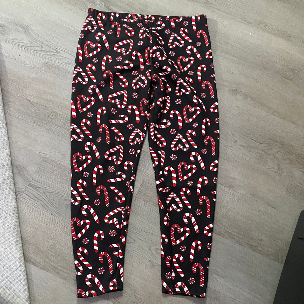 No Boundaries Fleece Lined Leggings Womens XL Black Candy Cane Heart Christmas